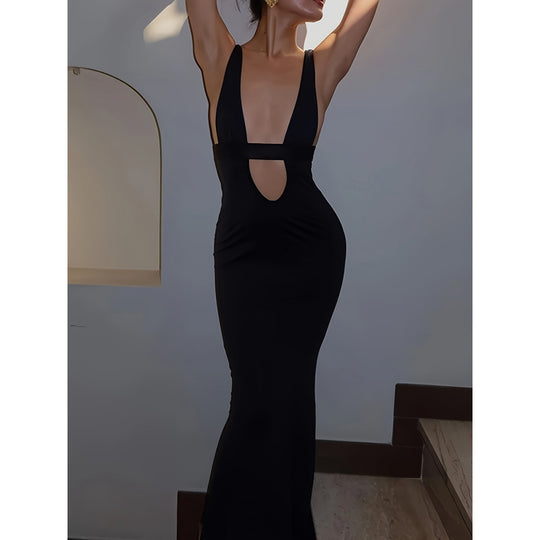 Damen Maxikleid mit tiefem V-Ausschnitt und eleganter Taillierung R&B