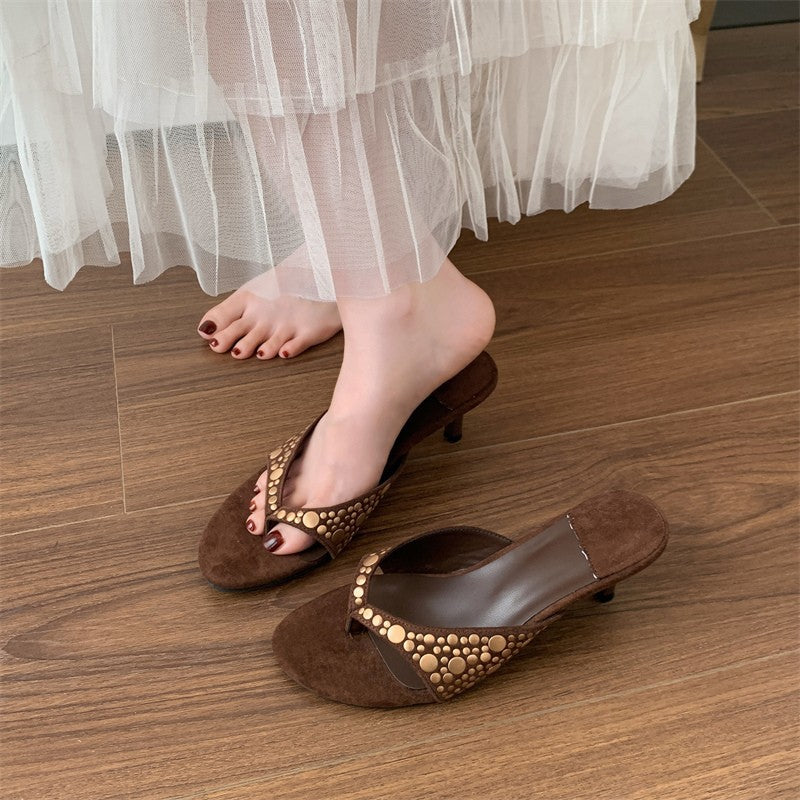 Damen Offene Mules mit dekorativen Perlenapplikationen und elegantem Absatz R&B