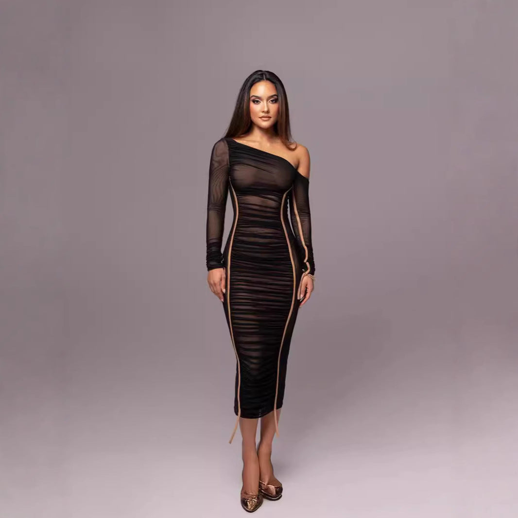 Damen Langarm-Midi-Kleid mit asymmetrischem Schnitt und romantischem Rüschendesign R&B