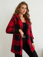 Damen Kuschelige Fleecejacke mit Karomuster und kapuziertem Design