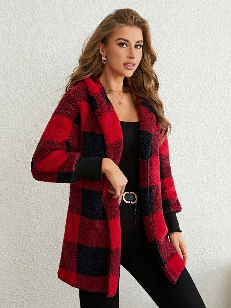Damen Kuschelige Fleecejacke mit Karomuster und kapuziertem Design