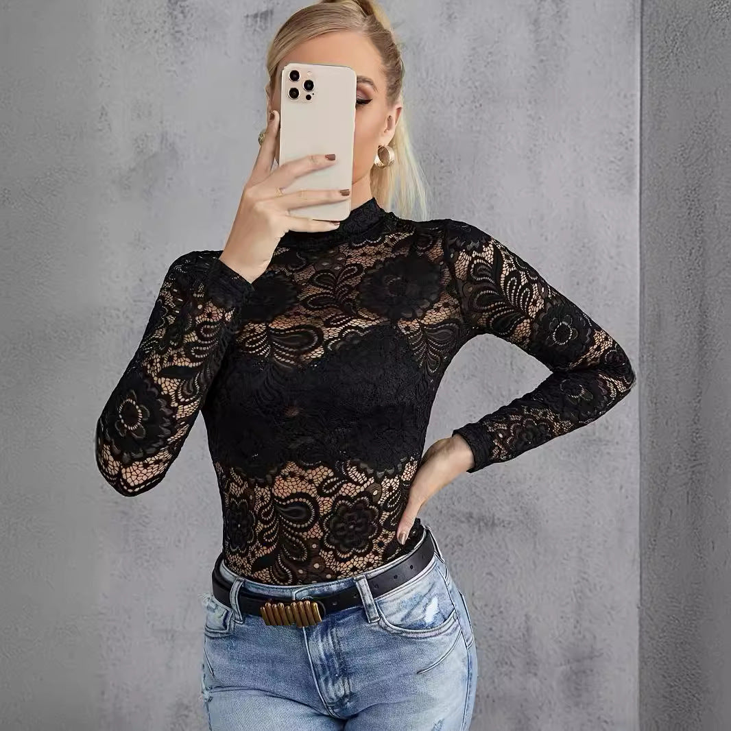 Damen nan figurbetontes Spitzen-Longsleeve mit Stehkragen und floralem Ajour-Muster R&B