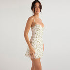 Damen Minikleid mit zarten Blütenmotiven und verstellbaren Spaghettiträgern R&B