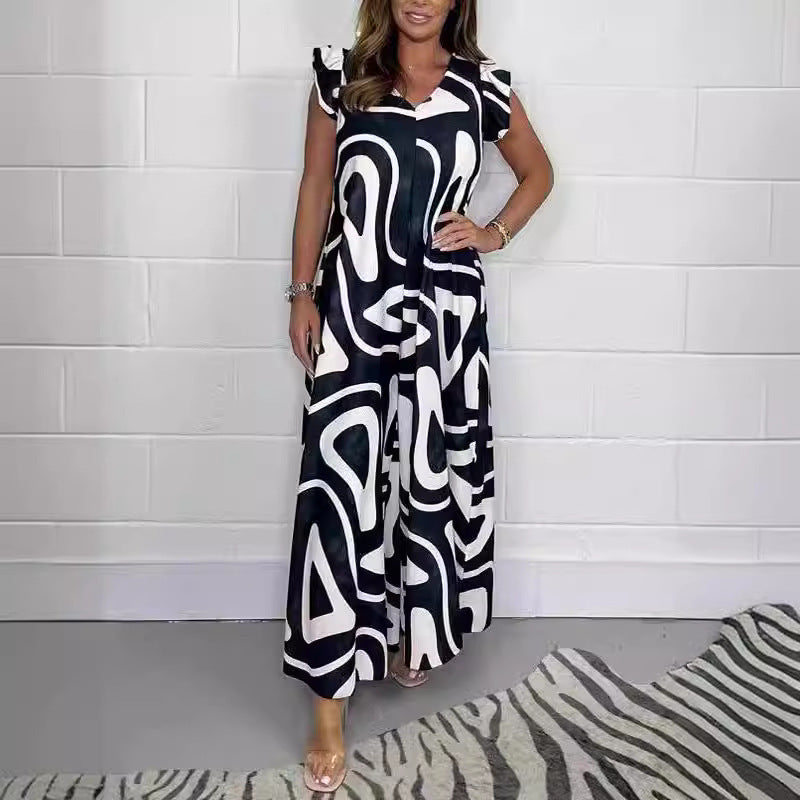 Damen Maxikleid mit kreativem grafischen Muster und Rüschen R&B