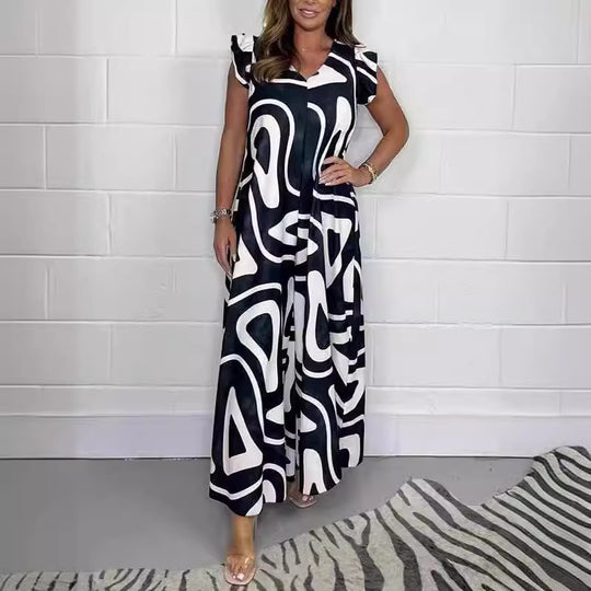 Damen Maxikleid mit kreativem grafischen Muster und Rüschen R&B