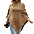 Damen Strickponcho mit hohem Kragen und dekorativen Knöpfen R&B