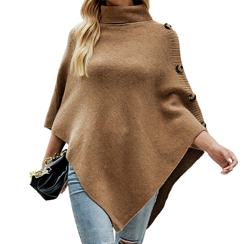 Damen Strickponcho mit hohem Kragen und dekorativen Knöpfen R&B