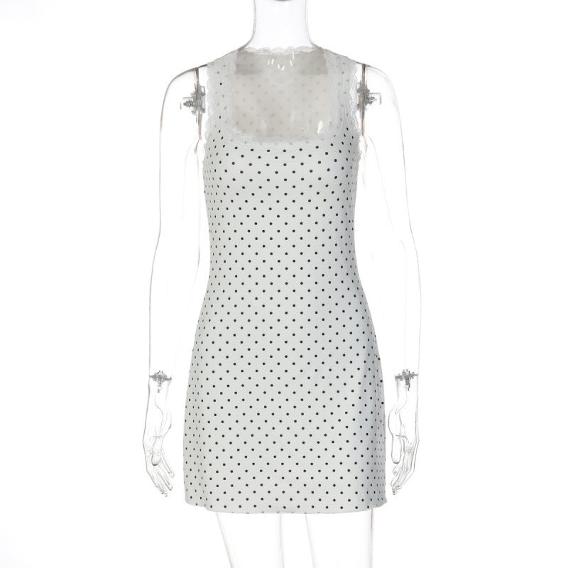 Damen Gepunktetes Minikleid mit transparenten Spitzenakzenten R&B