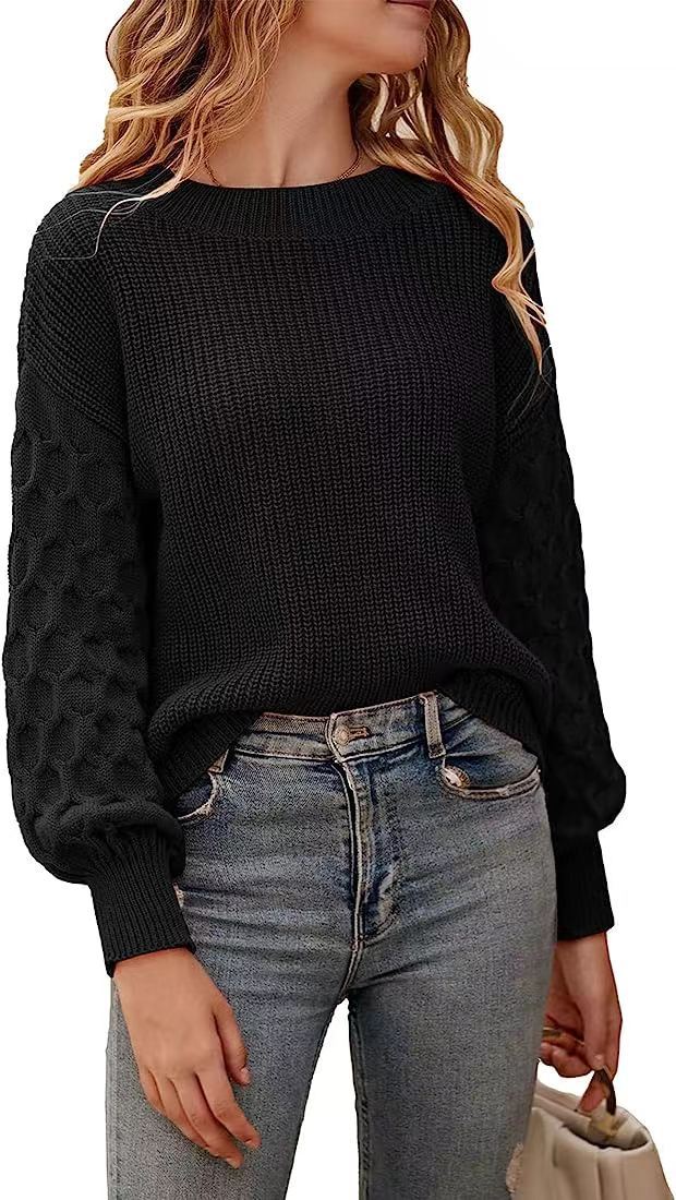 Damen modischer Strickpullover mit strukturierten Ärmeln und Rundhalsausschnitt R&B