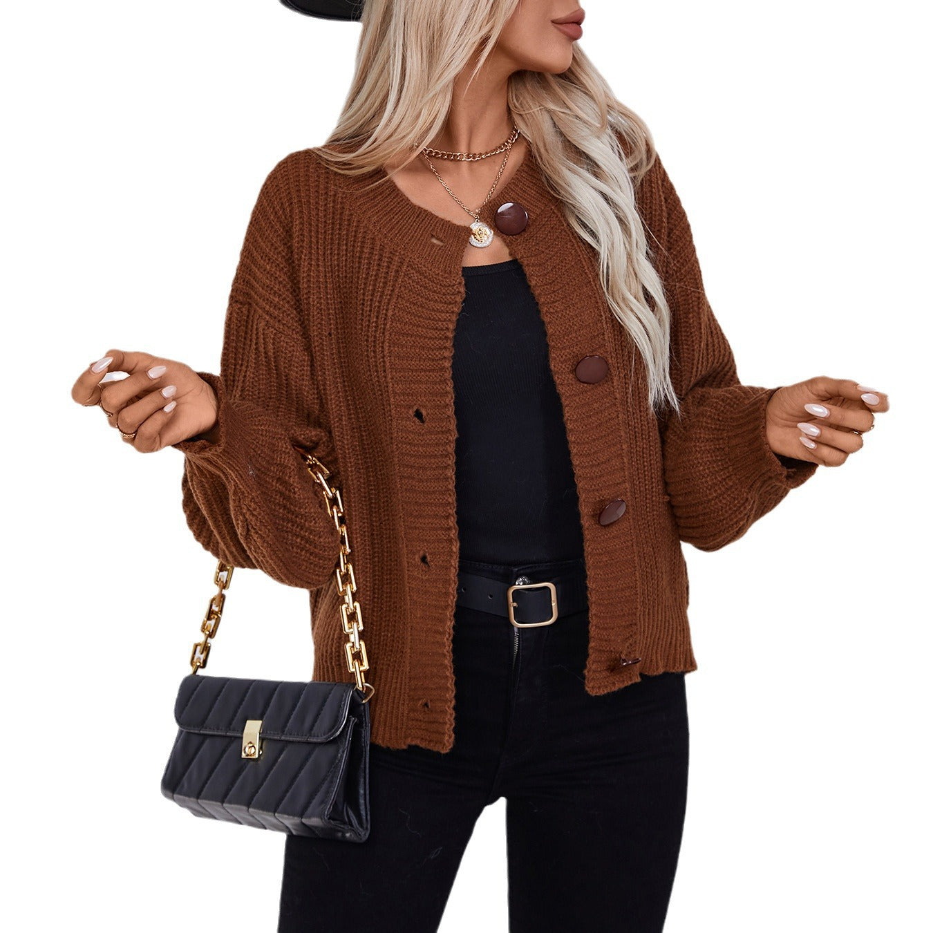 Damen gemütliche Strickjacke mit großen Knöpfen und lässigem Schnitt