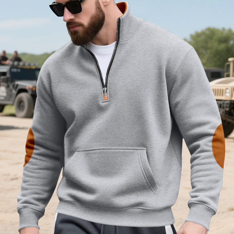 Herren nan Halbzip-Sweatshirt mit Stehkragen, Kängurutasche und kontrastierenden Ellbogenpatches R&B