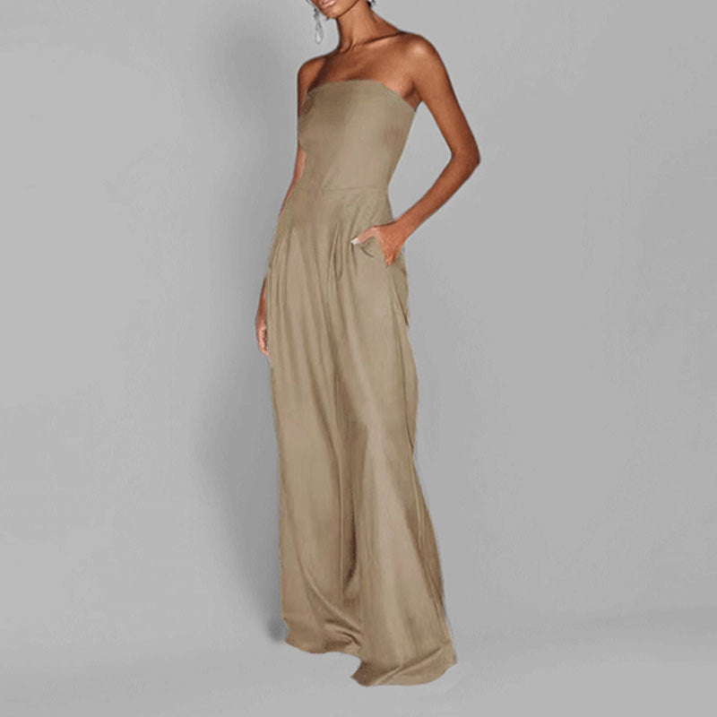 Damen elegantes Maxi-Jumpsuit mit schulterfreiem Design und praktischen Seitentaschen R&B
