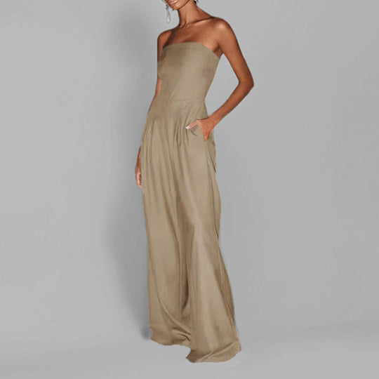 Damen elegantes Maxi-Jumpsuit mit schulterfreiem Design und praktischen Seitentaschen R&B