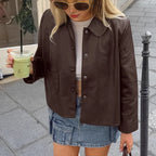 Damen Modische Kunstlederjacke mit praktischen Taschen und elegantem Kragen R&B