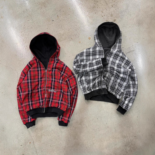 Unisex nan wendbare Kapuzenjacke mit kariertem Innenfutter, durchgehendem Reißverschluss und Kängurutasche R&B