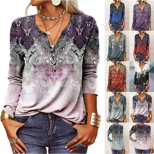 Damen langärmliges Casual-Shirt mit verspieltem Muster R&B