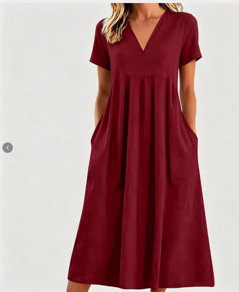 Damen nan legeres V-Ausschnitt-Midikleid mit Eingrifftaschen und geraffter Empirenaht R&B