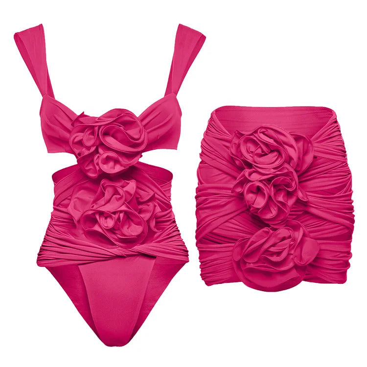 Damen Einteiler Badeanzug mit voluminösen Blumenapplikationen R&B