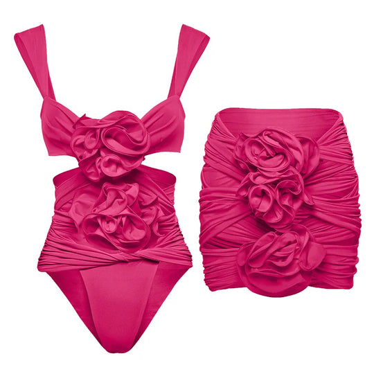 Damen Einteiler Badeanzug mit voluminösen Blumenapplikationen R&B