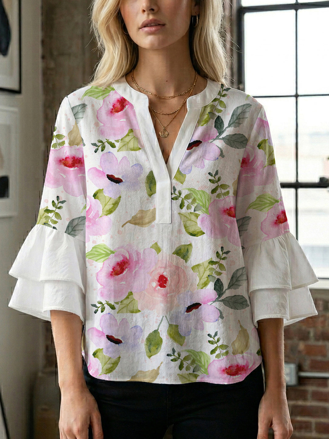 Damen elegantes Blusenshirt mit voluminösen Rüsenärmeln und grafischem Blumendesign R&B