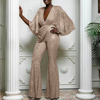Damen Glamouröser Jumpsuit mit funkelnden Pailletten und weitem Bein R&B