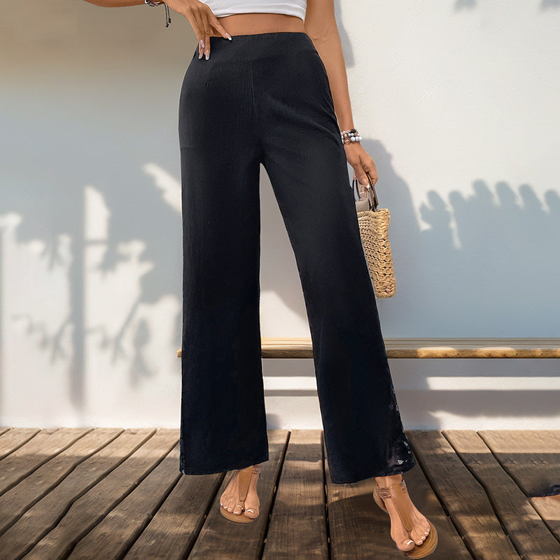 Damen Weite Stoffhose mit eleganter Spitze und hohem Bund R&B