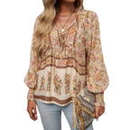 Damen Bluse mit floralen Mustern und bindbarem Ausschnitt R&B