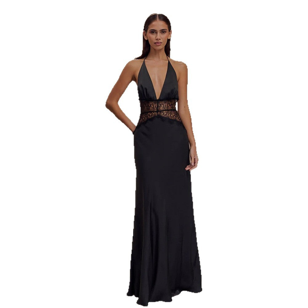 Damen Elegantes Maxikleid mit tiefem V-Ausschnitt und zarter Spitzenverzierung R&B