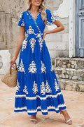 Damen Maxikleid mit V-Ausschnitt und kontrastierenden Stickdetails R&B