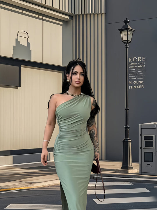Damen Elegantes One-Shoulder-Maxikleid mit figurbetontem Schnitt und seitlichem Schlitz R&B