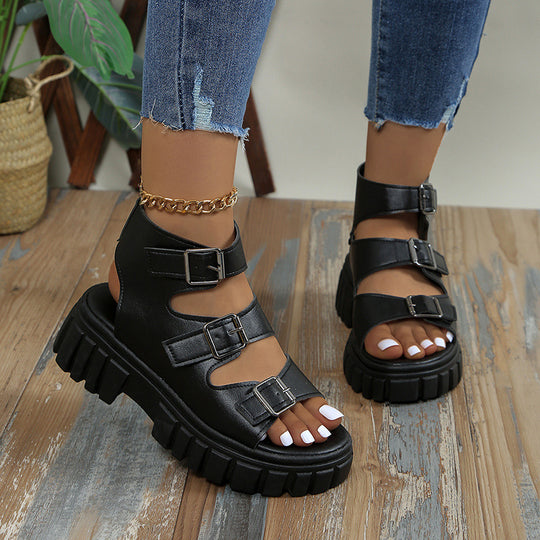 Damen Wedge-Sandalen mit mehreren verstellbaren Schnallen und robustem Plateau R&B