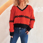 Damen lässiger Strickpullover mit modernem Zopfmuster und kontrastierenden Akzenten R&B