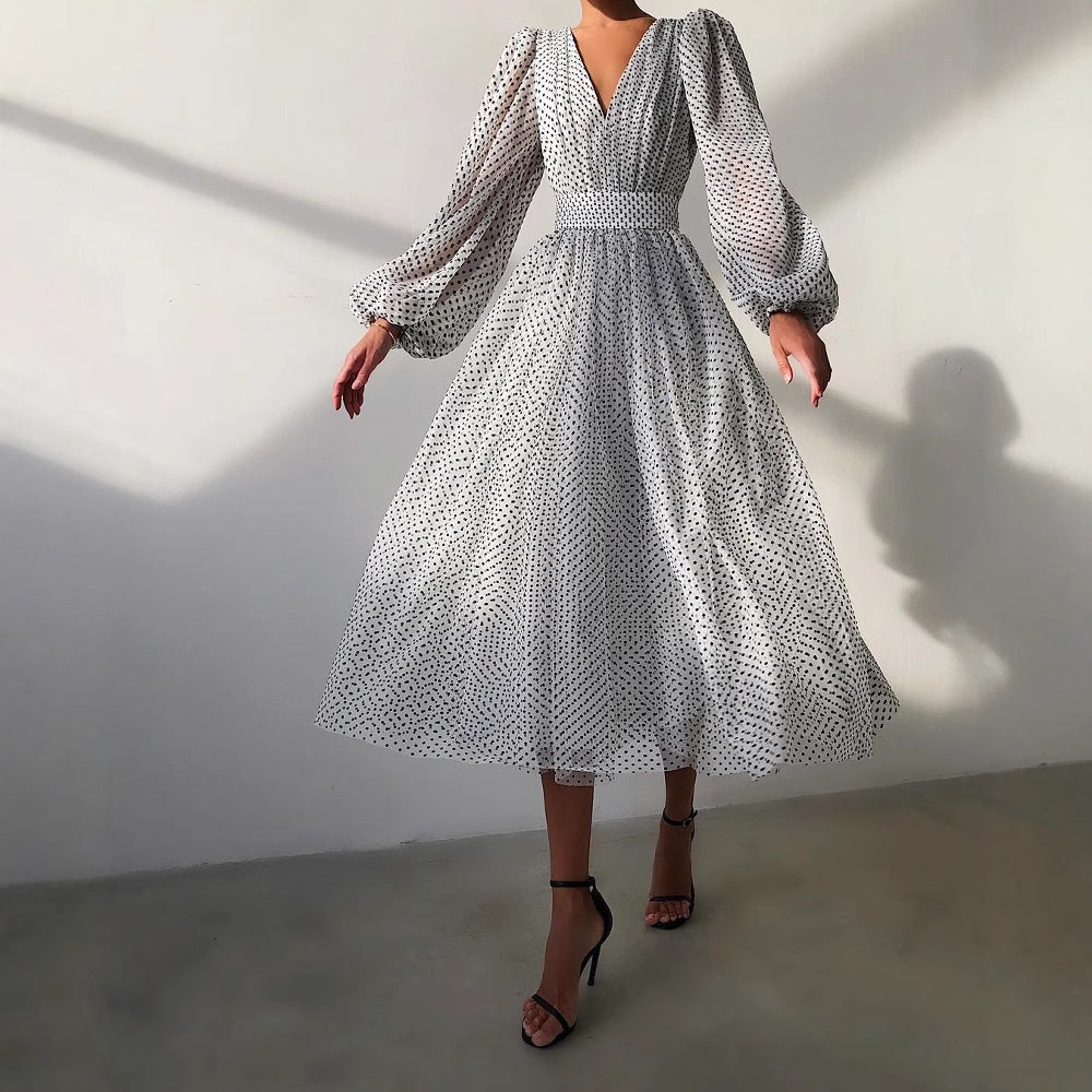 Damen Kleid mit transparentem Puffärmel und floralem Punkte-Design R&B