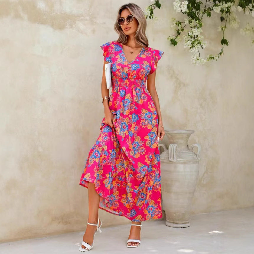 Damen Sommerliches Blumenmaxikleid mit Volantärmeln und elastischem Taillenbund R&B