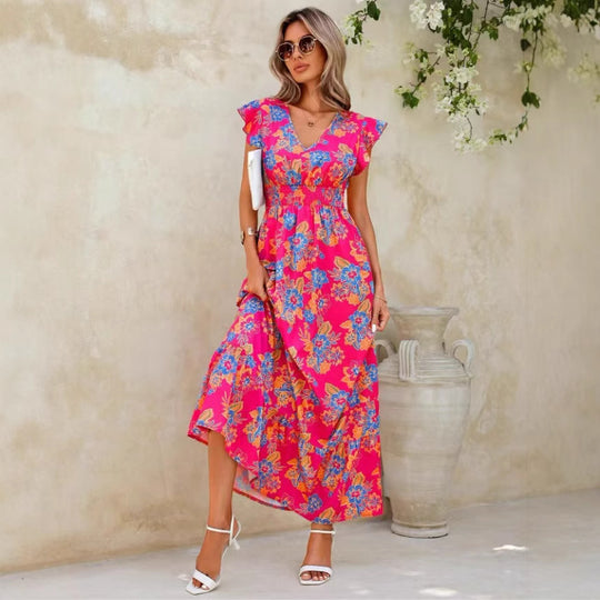 Damen Sommerliches Blumenmaxikleid mit Volantärmeln und elastischem Taillenbund R&B