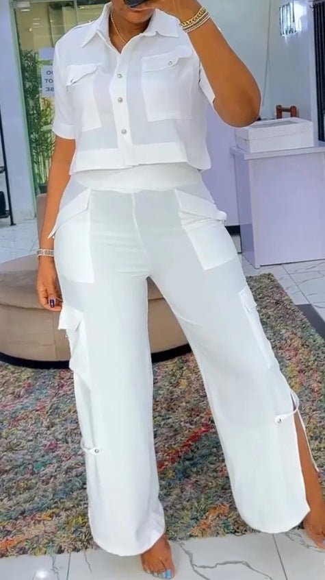Damen nan zweiteiliges Hemd- und Cargo-Hosen-Set mit kurzem Oversize-Hemd, hoher Taille, weitem Bein und seitlichen Beinschlitzen R&B