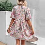 Damen Verspieltes Blümchenkleid mit Puffärmeln und V-Ausschnitt R&B