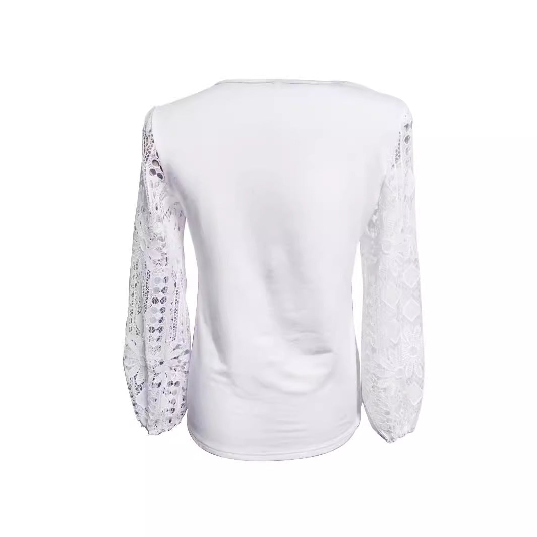 Damen Bluse mit modernen Spitzenärmel und elegantem V-Ausschnitt Heidi-Mode