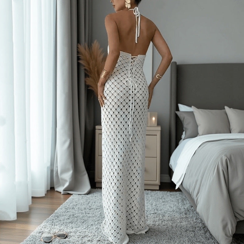 Damen Häkel-Maxi-Kleid mit innovativem Ausschnitt und seitlichen Cut-Outs R&B
