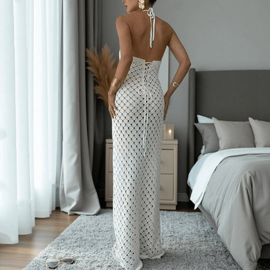 Damen Häkel-Maxi-Kleid mit innovativem Ausschnitt und seitlichen Cut-Outs R&B