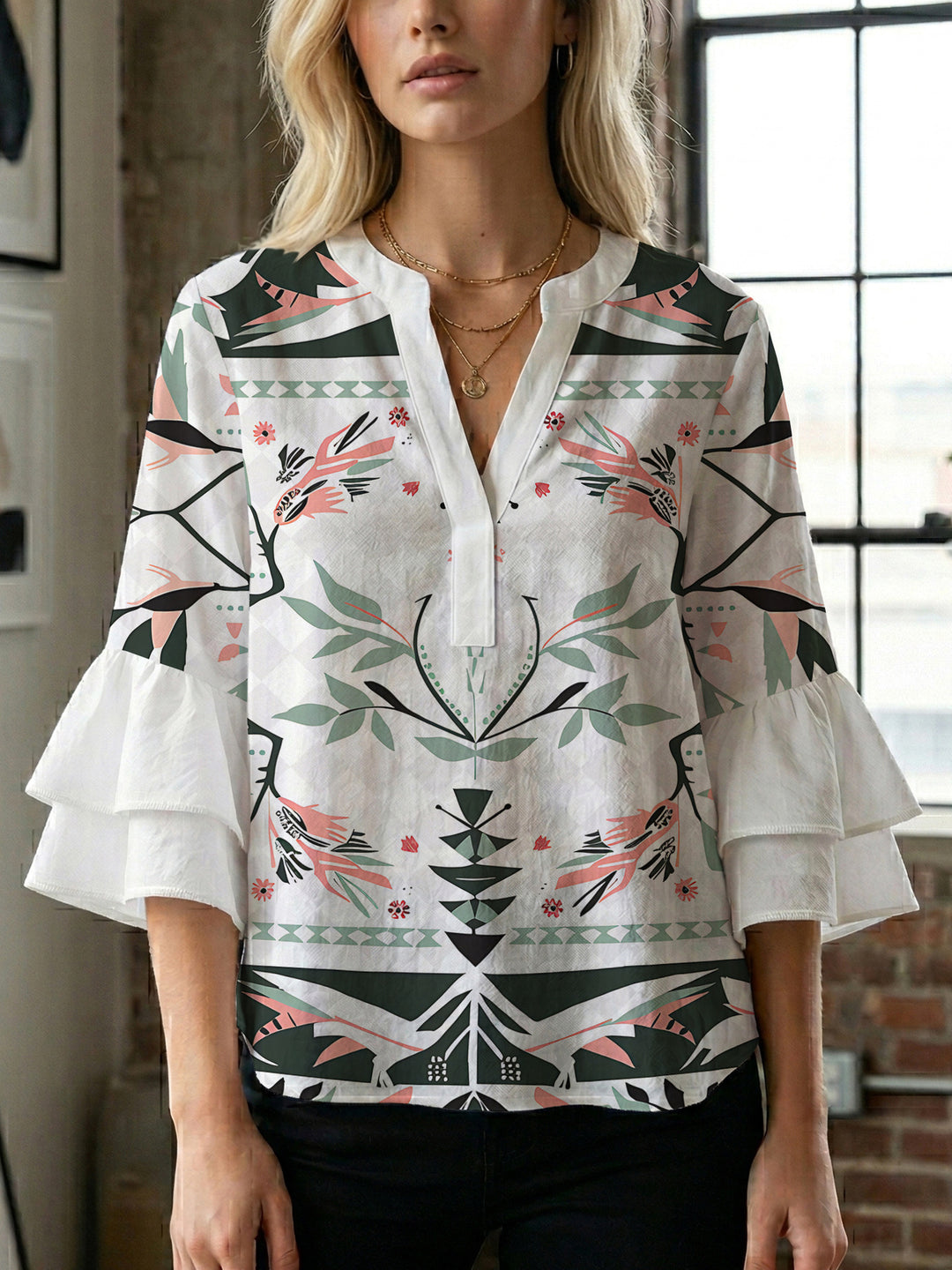 Damen lässige Bluse mit Volantärmeln und botanischem Druck R&B
