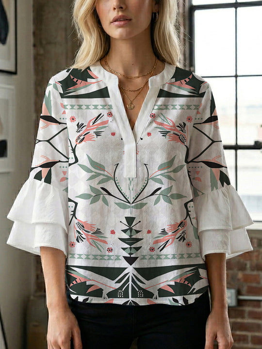 Damen lässige Bluse mit Volantärmeln und botanischem Druck R&B