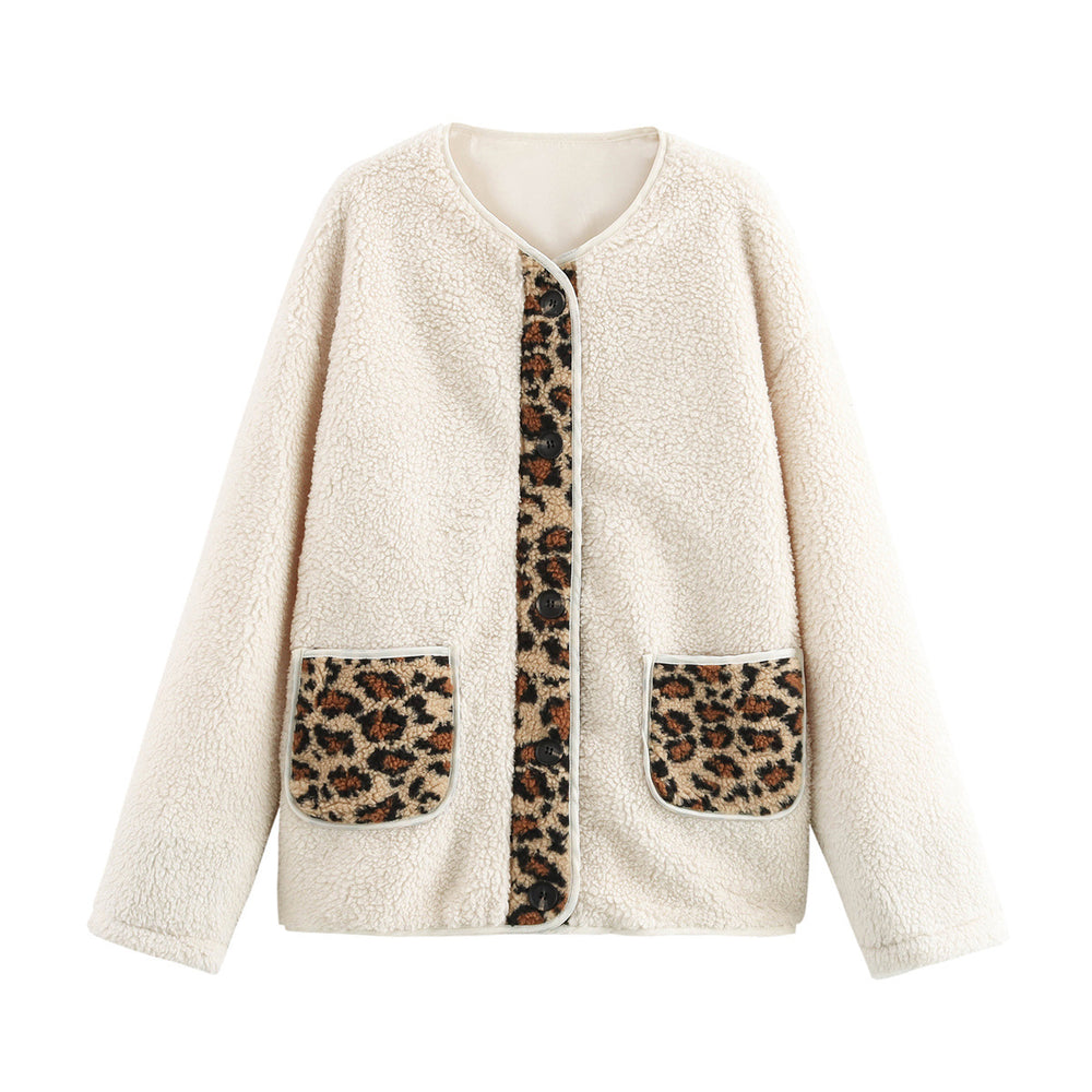 Damen kuschelige Teddyjacke mit tierischem Muster und praktischen Pattentaschen R&B