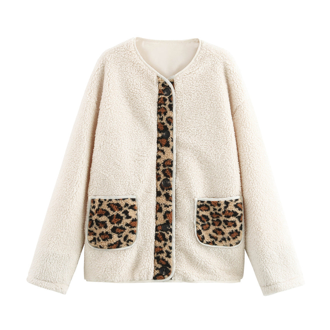 Damen kuschelige Teddyjacke mit tierischem Muster und praktischen Pattentaschen R&B