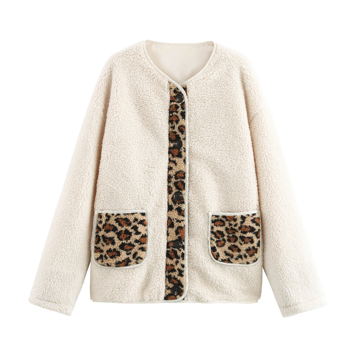 Damen kuschelige Teddyjacke mit tierischem Muster und praktischen Pattentaschen R&B
