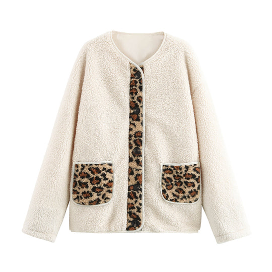 Damen kuschelige Teddyjacke mit tierischem Muster und praktischen Pattentaschen R&B