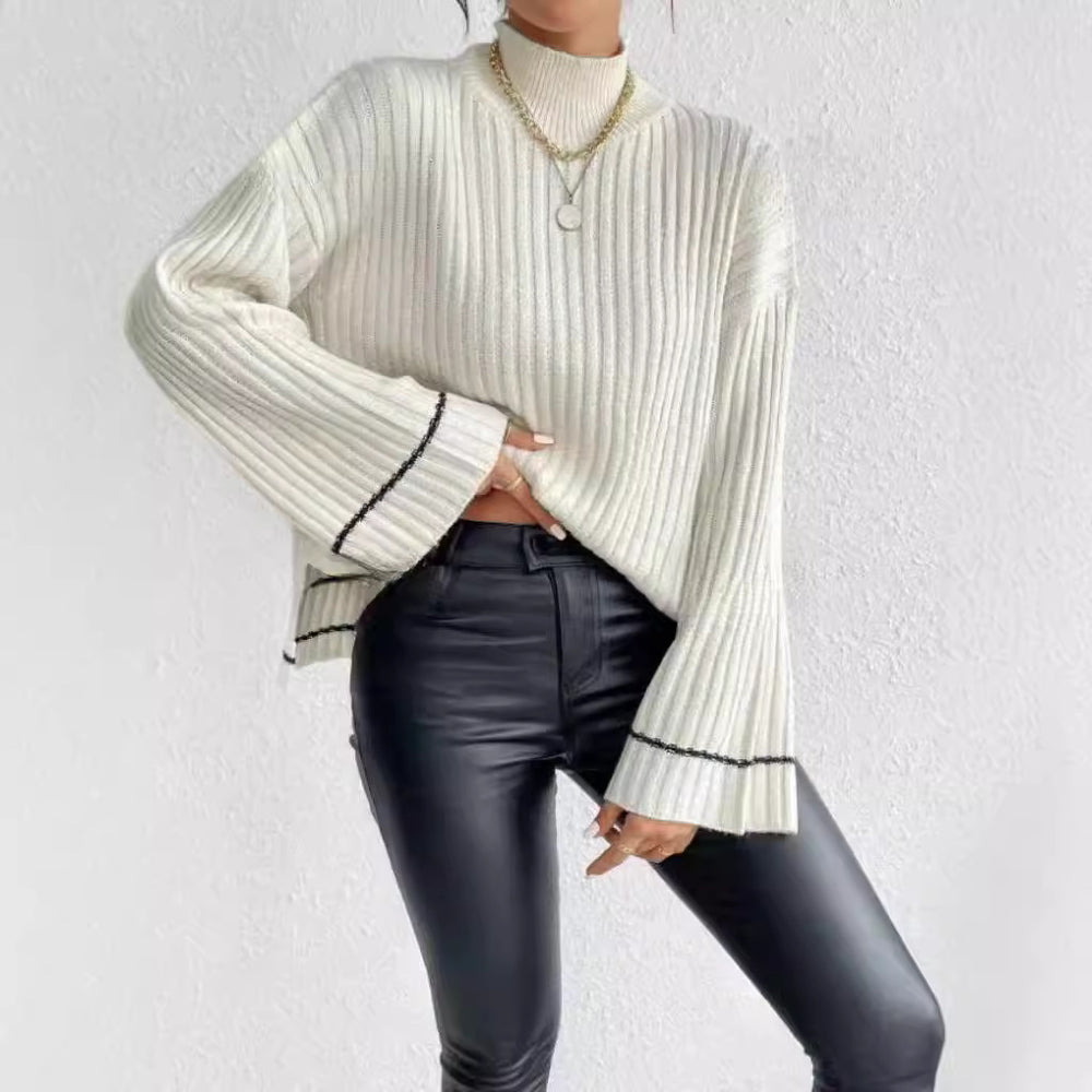 Damen eleganter Strickpullover mit hohem Kragen und weitem Ärmelabschluss R&B