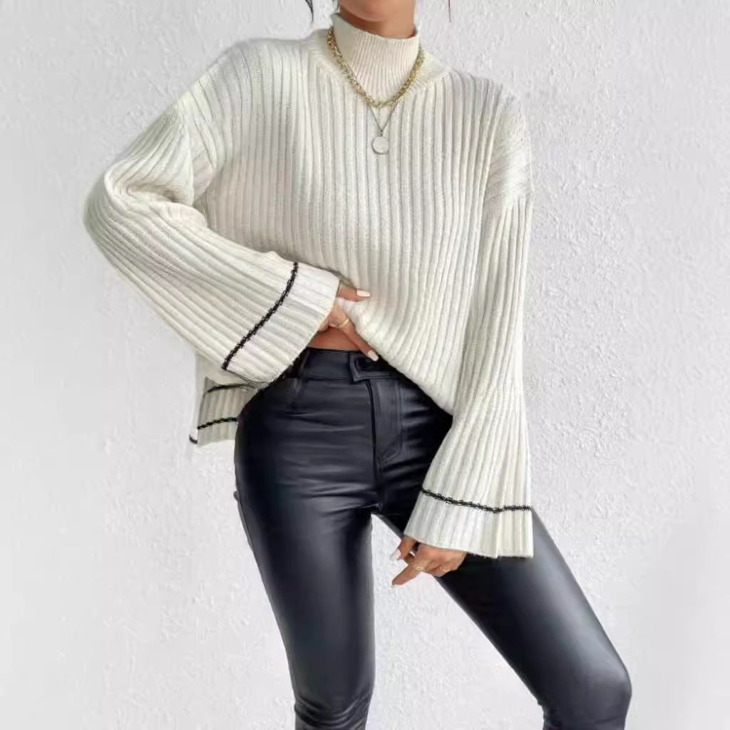 Damen eleganter Strickpullover mit hohem Kragen und weitem Ärmelabschluss R&B