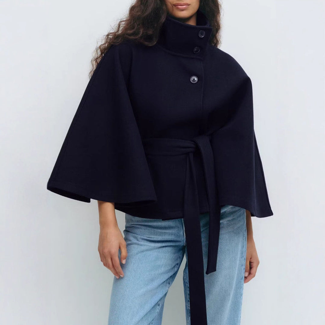 Damen nan kastenförmiger Wollcape Mantel mit Stehkragen und Bindegürtel R&B