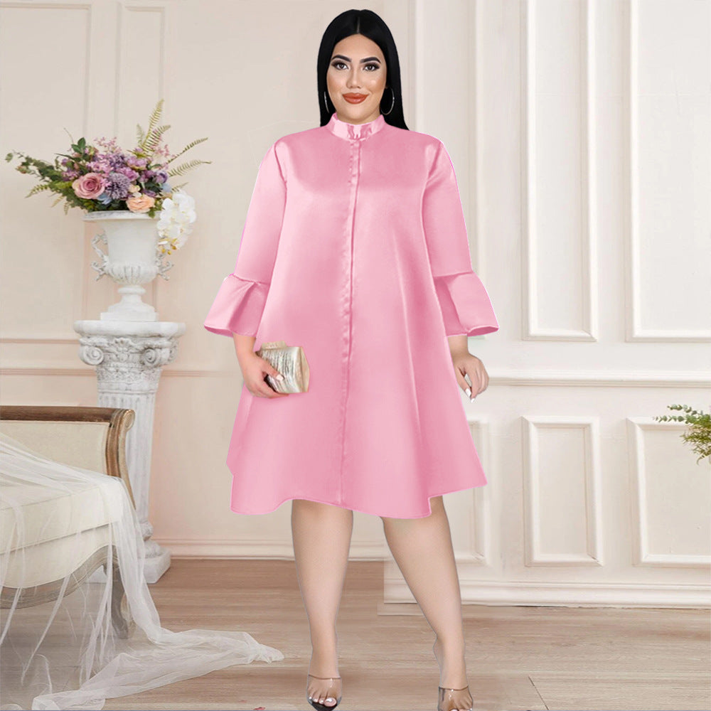 Damen elegantes Kleid mit hochgeschlossenem Kragen und weiterem Ärmel R&B